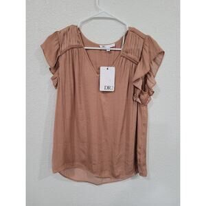 DR2 Women's Dusty Rose Gold V Neck Shirt size Small Ruffle Sleeves #13‎